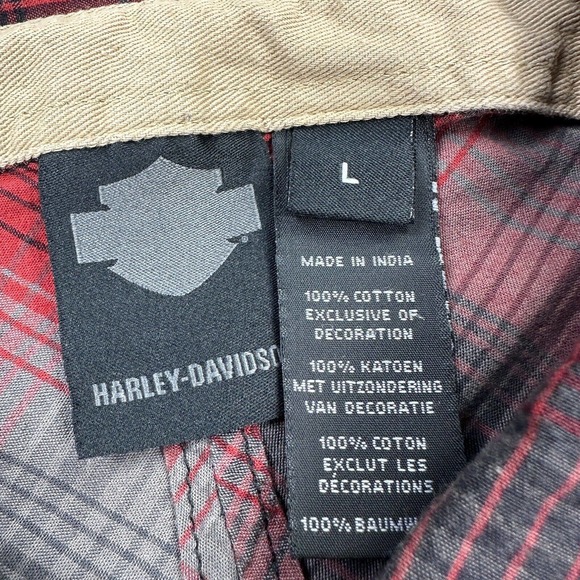 Harley Davidson Shirt Men Large Gray Red Buffalo Plaid Flannel Short Sleeve Logo - Picture 10 of 10